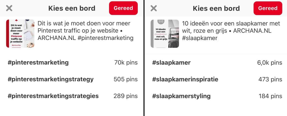 Zoekvolume hashtags zichtbaar in de Pinterest app op iPhone - ARCHANA.NL